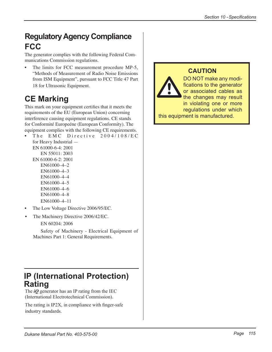 Regulatory agency compliance, Ce marking, Ip (international protection) rating | Dukane Ultrasonic Generator 403-575-00 User Manual | Page 121 / 136