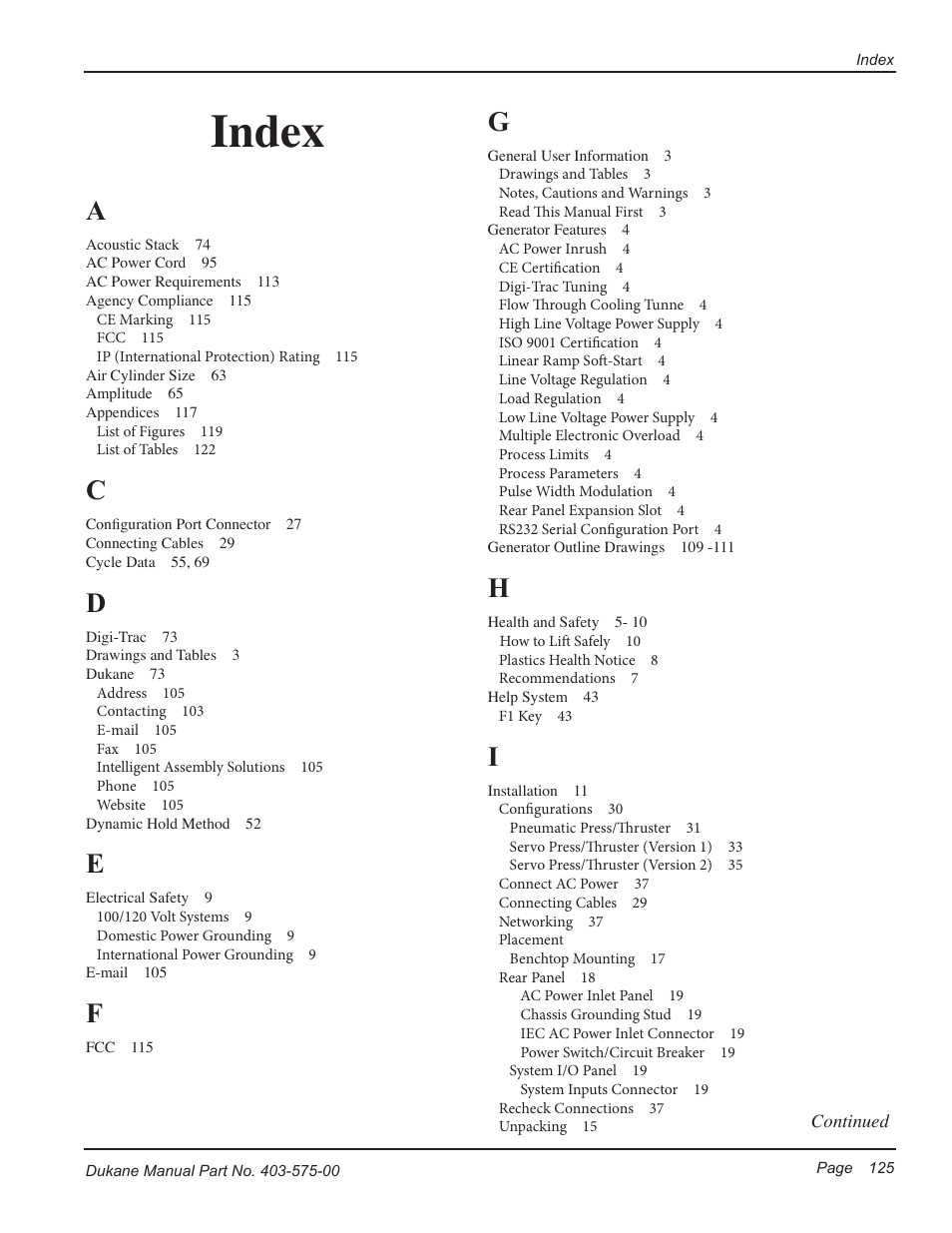 Index | Dukane Ultrasonic Generator 403-575-00 User Manual | Page 131 / 136