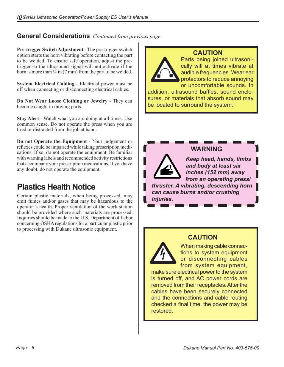 Plastics health notice | Dukane Ultrasonic Generator 403-575-00 User Manual | Page 14 / 136