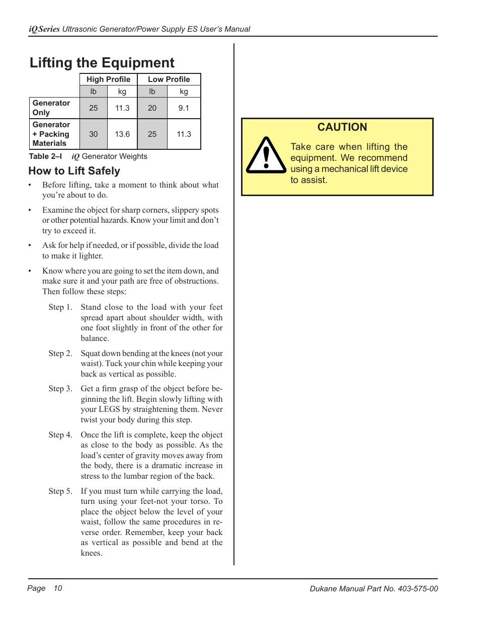 Lifting the equipment, Caution, How to lift safely | Dukane Ultrasonic Generator 403-575-00 User Manual | Page 16 / 136