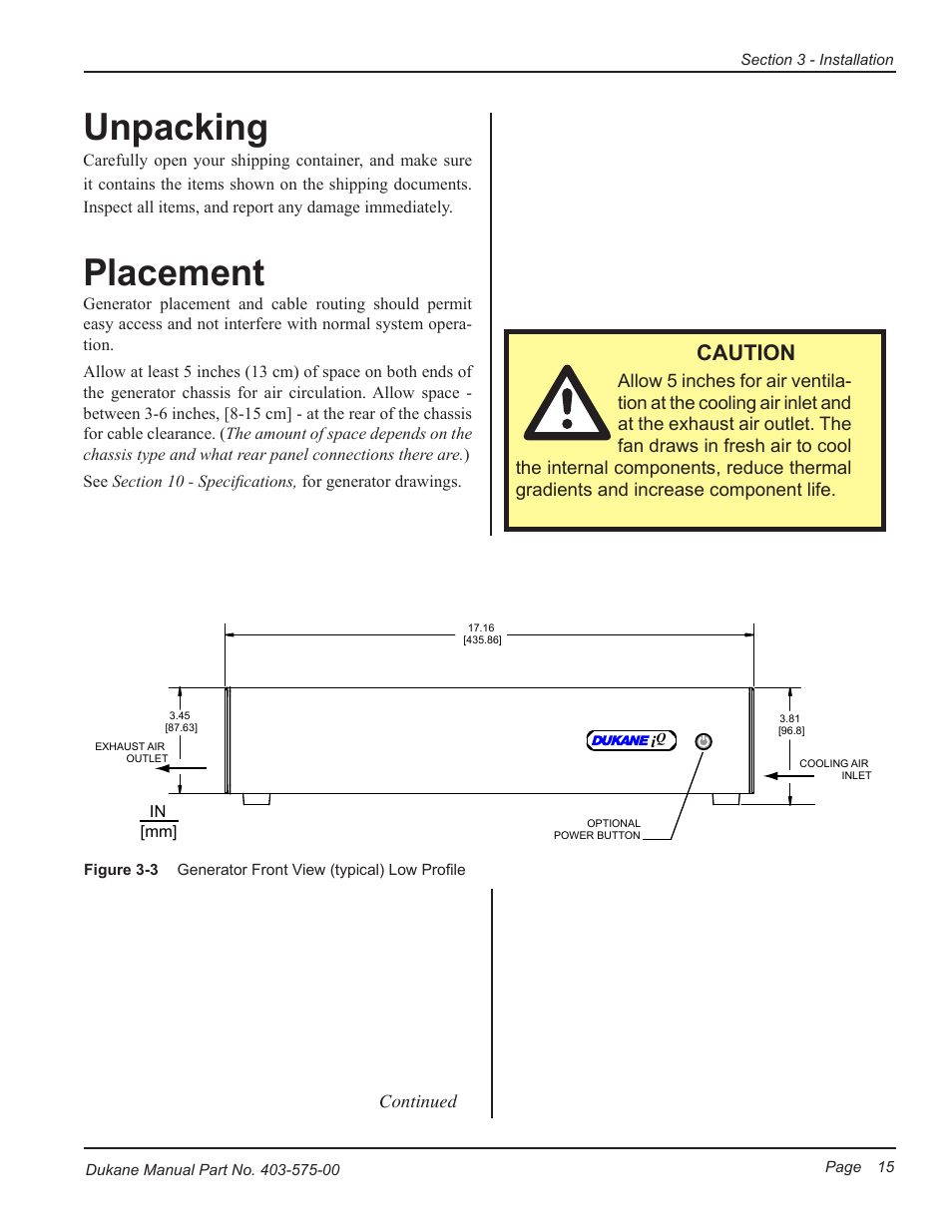 Unpacking, Placement, Caution | Dukane Ultrasonic Generator 403-575-00 User Manual | Page 21 / 136