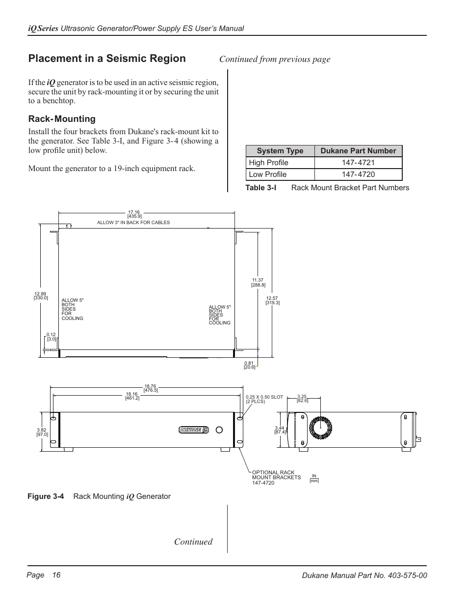 Placement in a seismic region, Rack- mounting, Continued from previous page continued | Iq series | Dukane Ultrasonic Generator 403-575-00 User Manual | Page 22 / 136