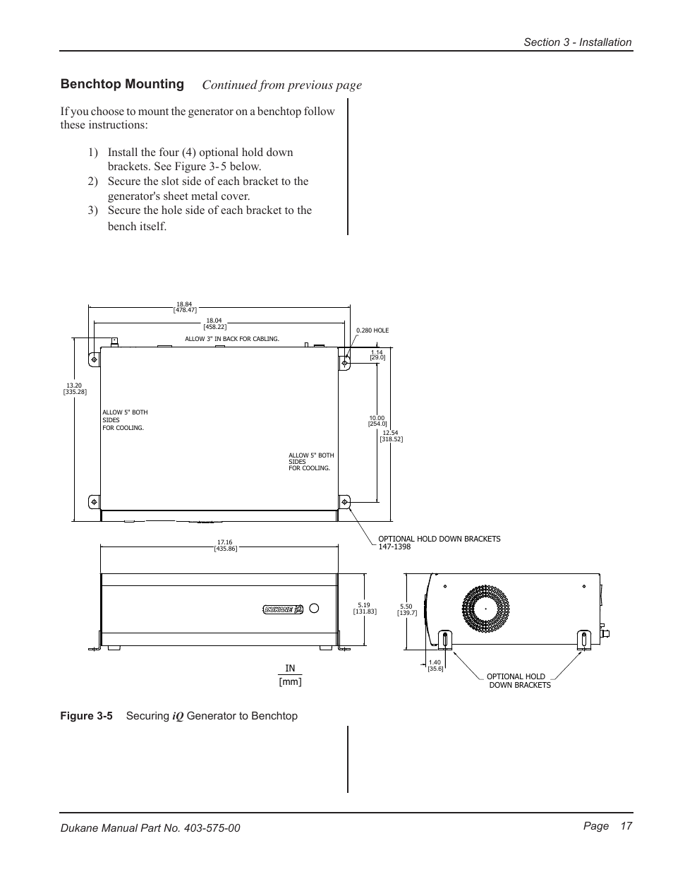 Benchtop mounting, Continued from previous page, Figure 3-5 | Securing iq generator to benchtop | Dukane Ultrasonic Generator 403-575-00 User Manual | Page 23 / 136