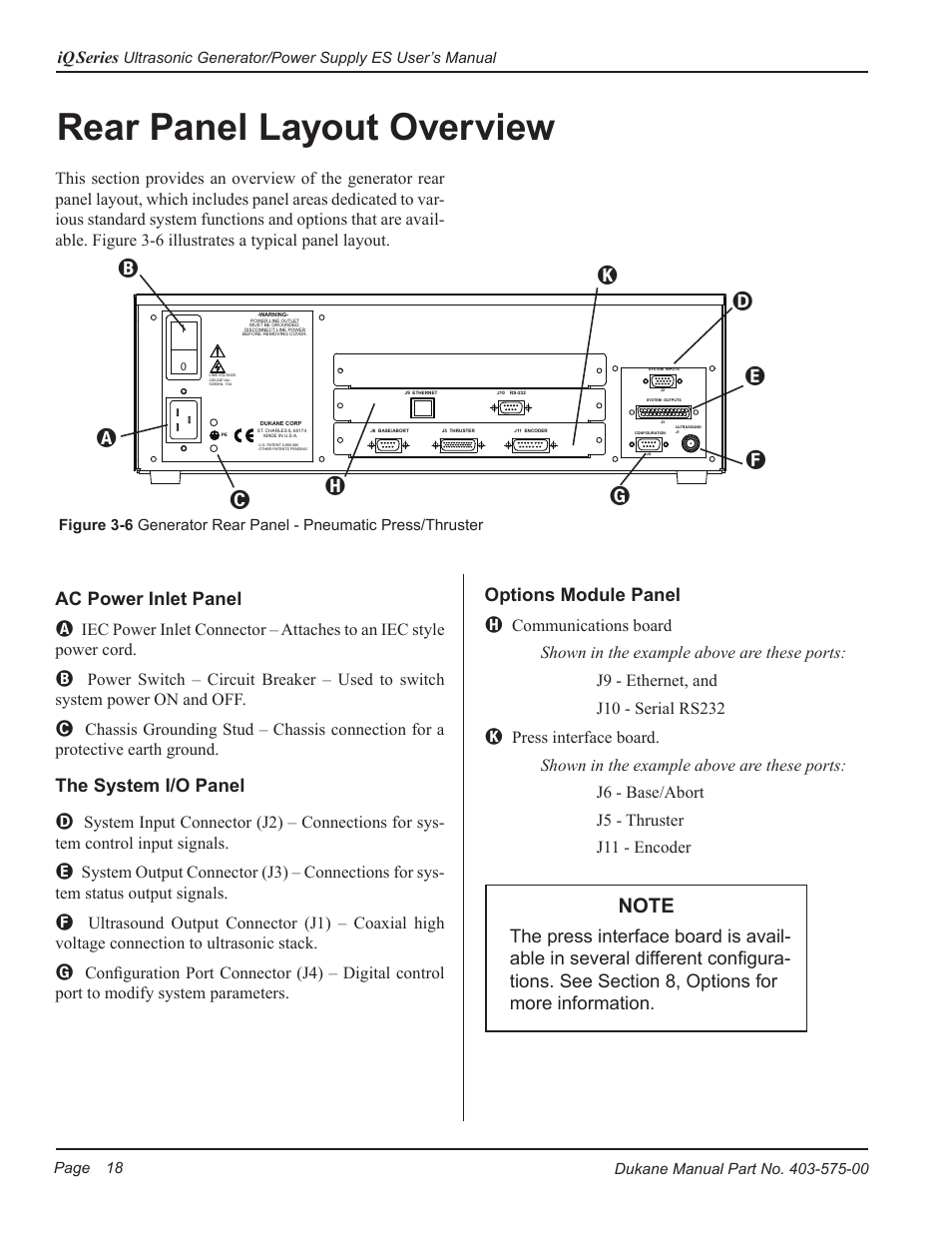 Rear panel layout overview, Rear view pneumatic press/thruster, Ac power inlet panel a | The system i/o panel d, Options module panel h | Dukane Ultrasonic Generator 403-575-00 User Manual | Page 24 / 136