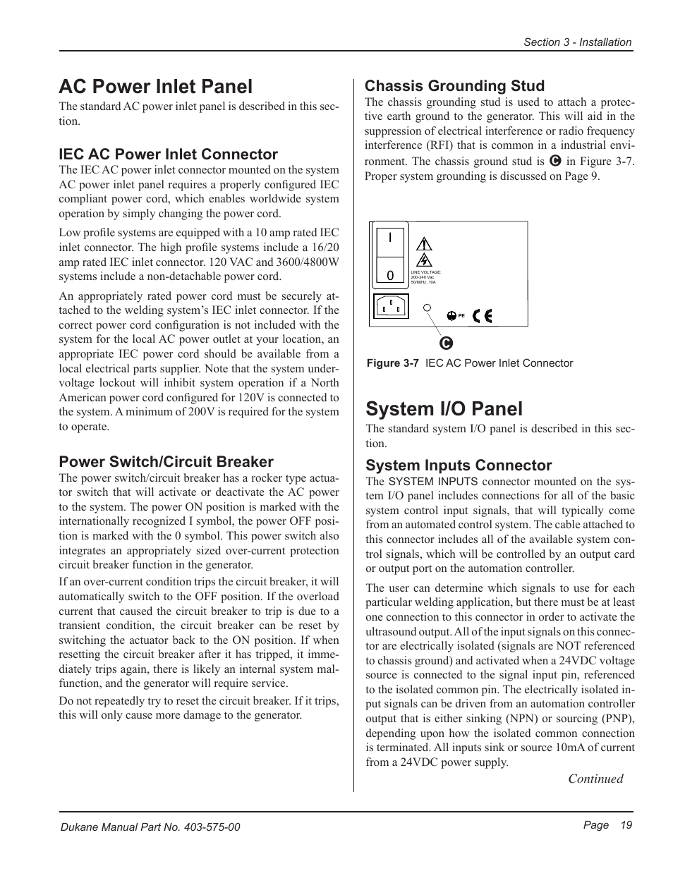 Ac power inlet panel, System i/o panel, Iec ac power inlet connector | Power switch/circuit breaker, System inputs connector, Chassis grounding stud | Dukane Ultrasonic Generator 403-575-00 User Manual | Page 25 / 136