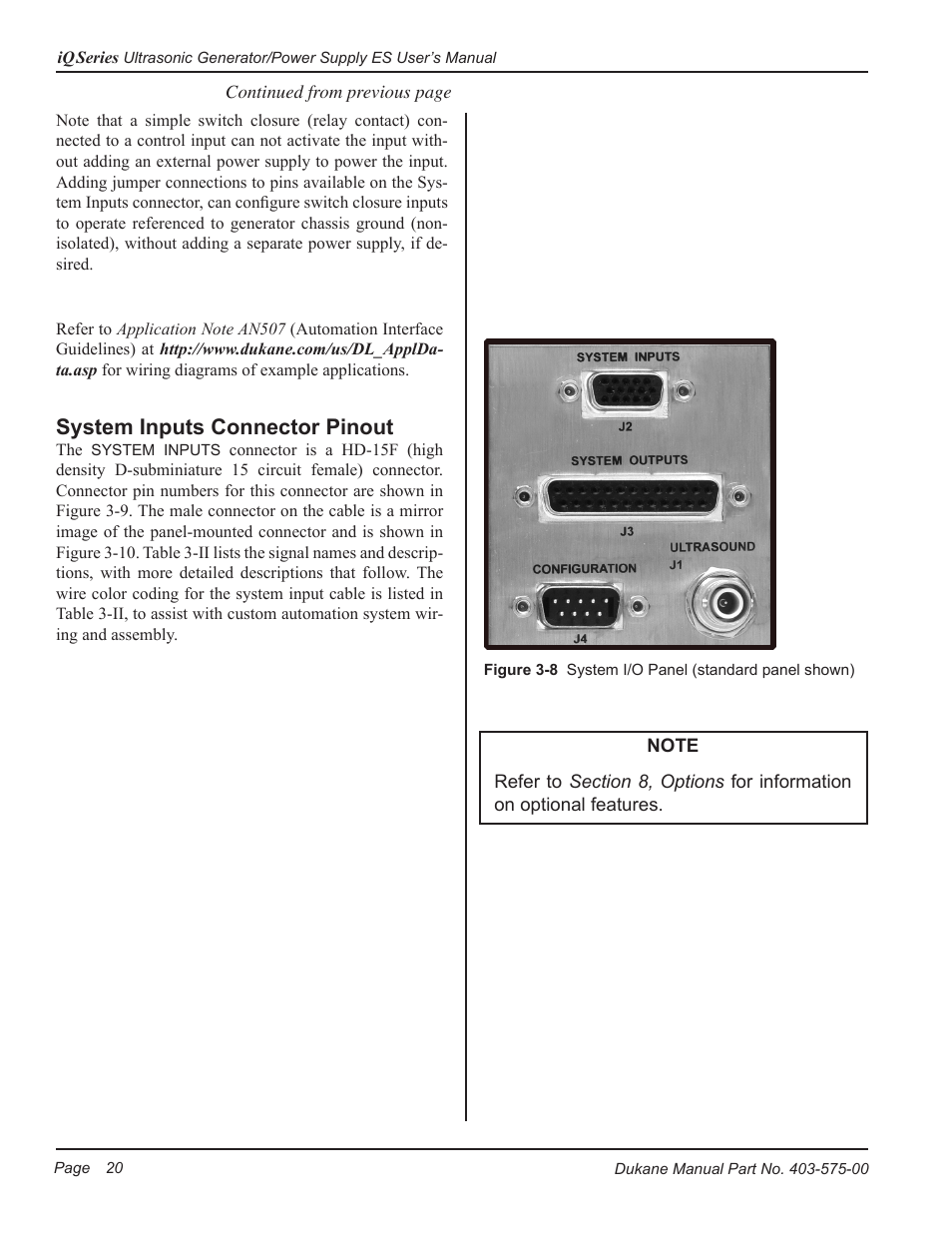 System inputs connector pinout | Dukane Ultrasonic Generator 403-575-00 User Manual | Page 26 / 136