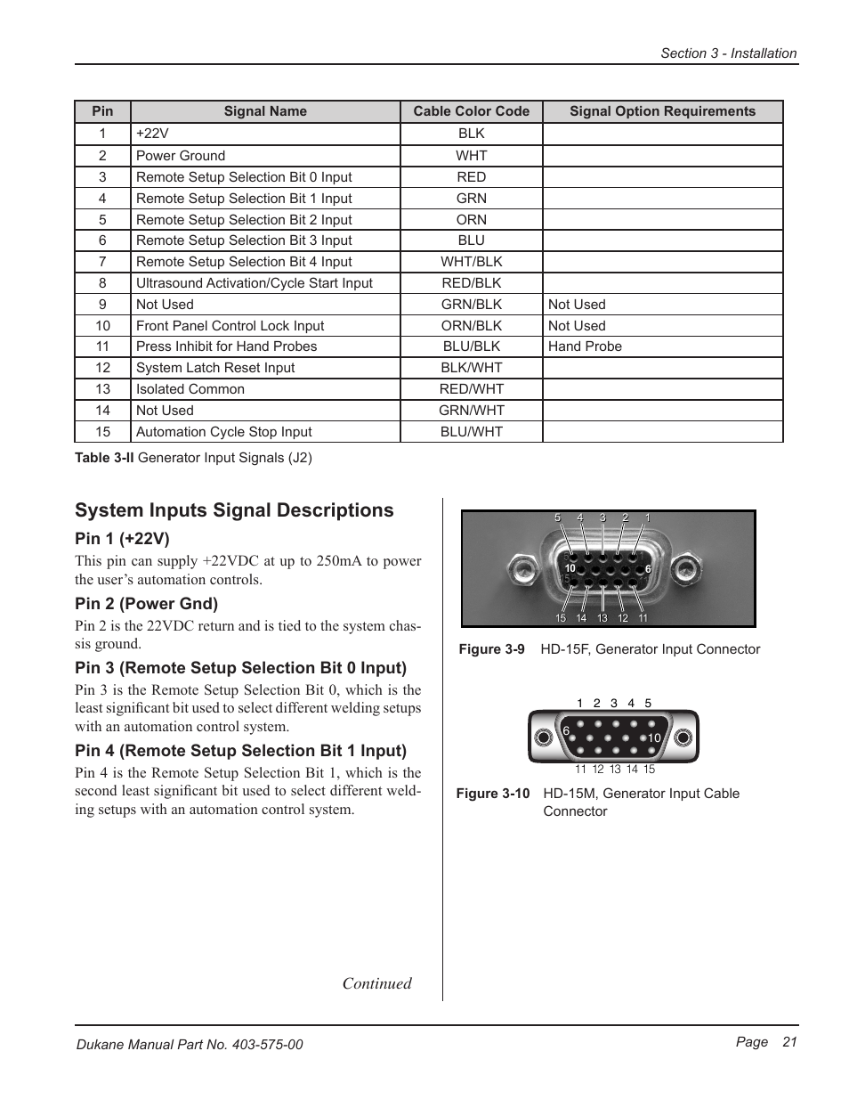 System inputs signal descriptions | Dukane Ultrasonic Generator 403-575-00 User Manual | Page 27 / 136