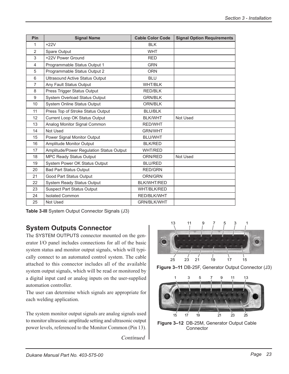 System outputs connector, Continued | Dukane Ultrasonic Generator 403-575-00 User Manual | Page 29 / 136