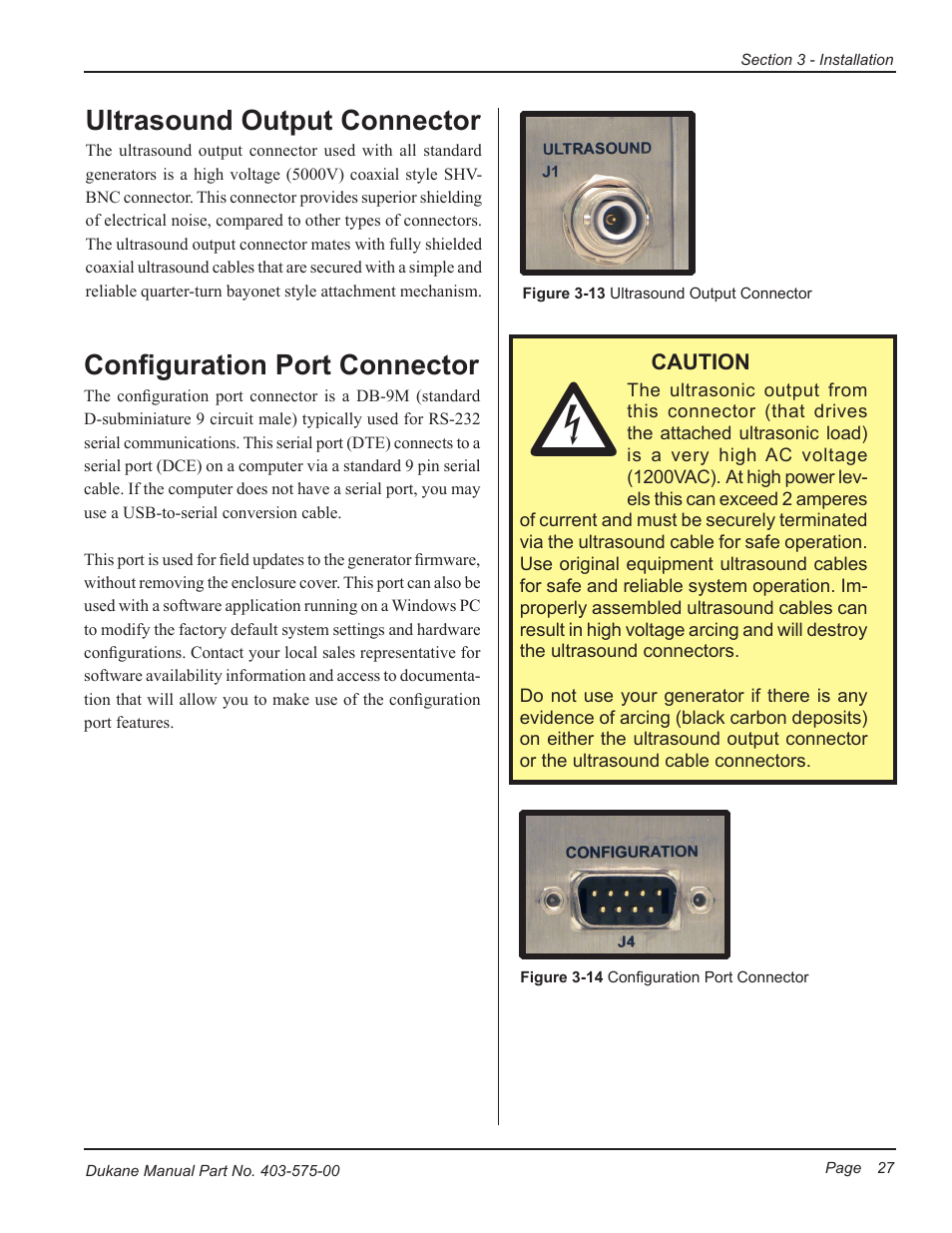 Ultrasound output connector, Configuration port connector | Dukane Ultrasonic Generator 403-575-00 User Manual | Page 33 / 136