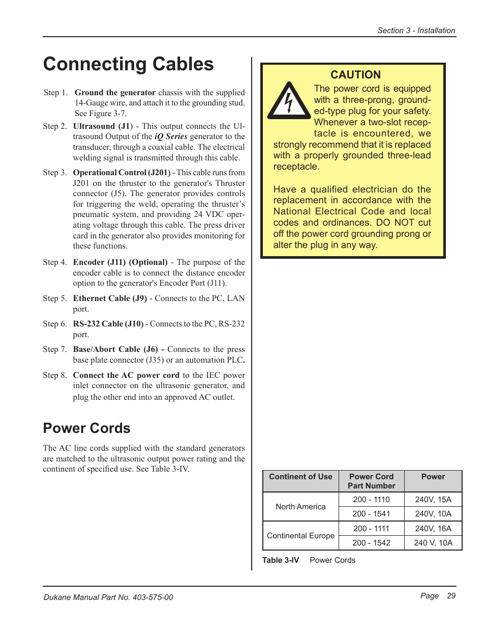 Connecting cables, Power cords | Dukane Ultrasonic Generator 403-575-00 User Manual | Page 35 / 136