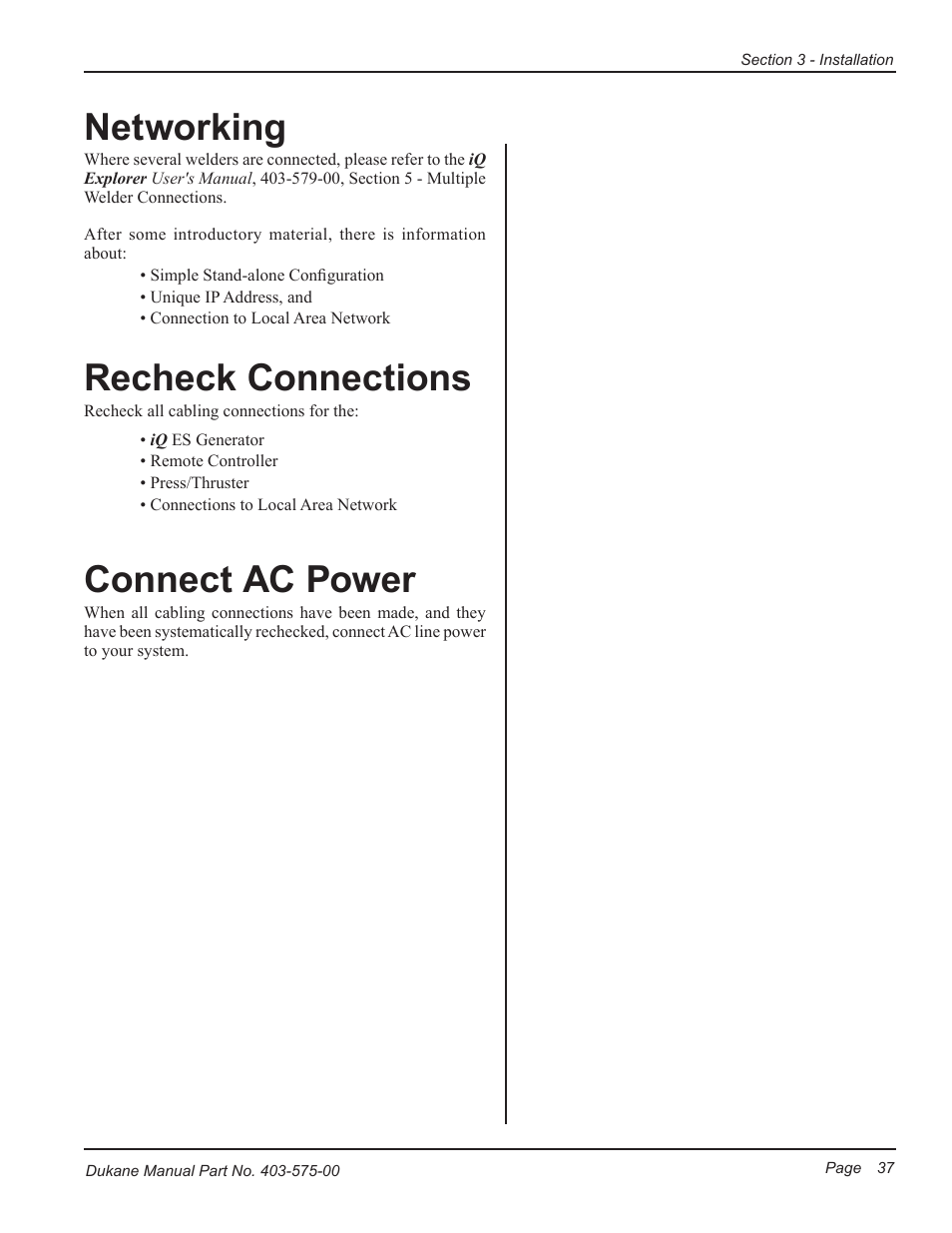 Networking, Recheck connections, Connect ac power | Dukane Ultrasonic Generator 403-575-00 User Manual | Page 43 / 136