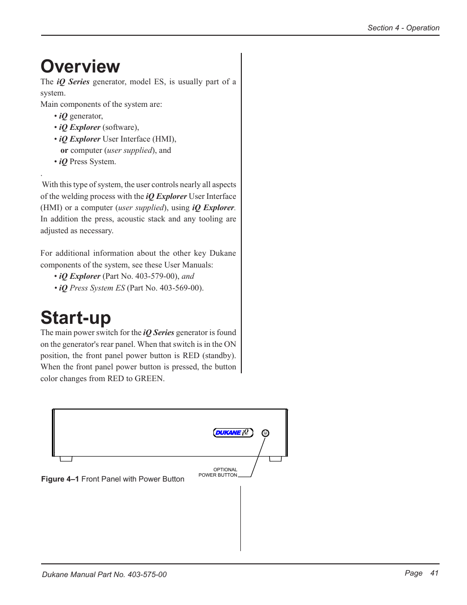 Overview, Start-up | Dukane Ultrasonic Generator 403-575-00 User Manual | Page 47 / 136