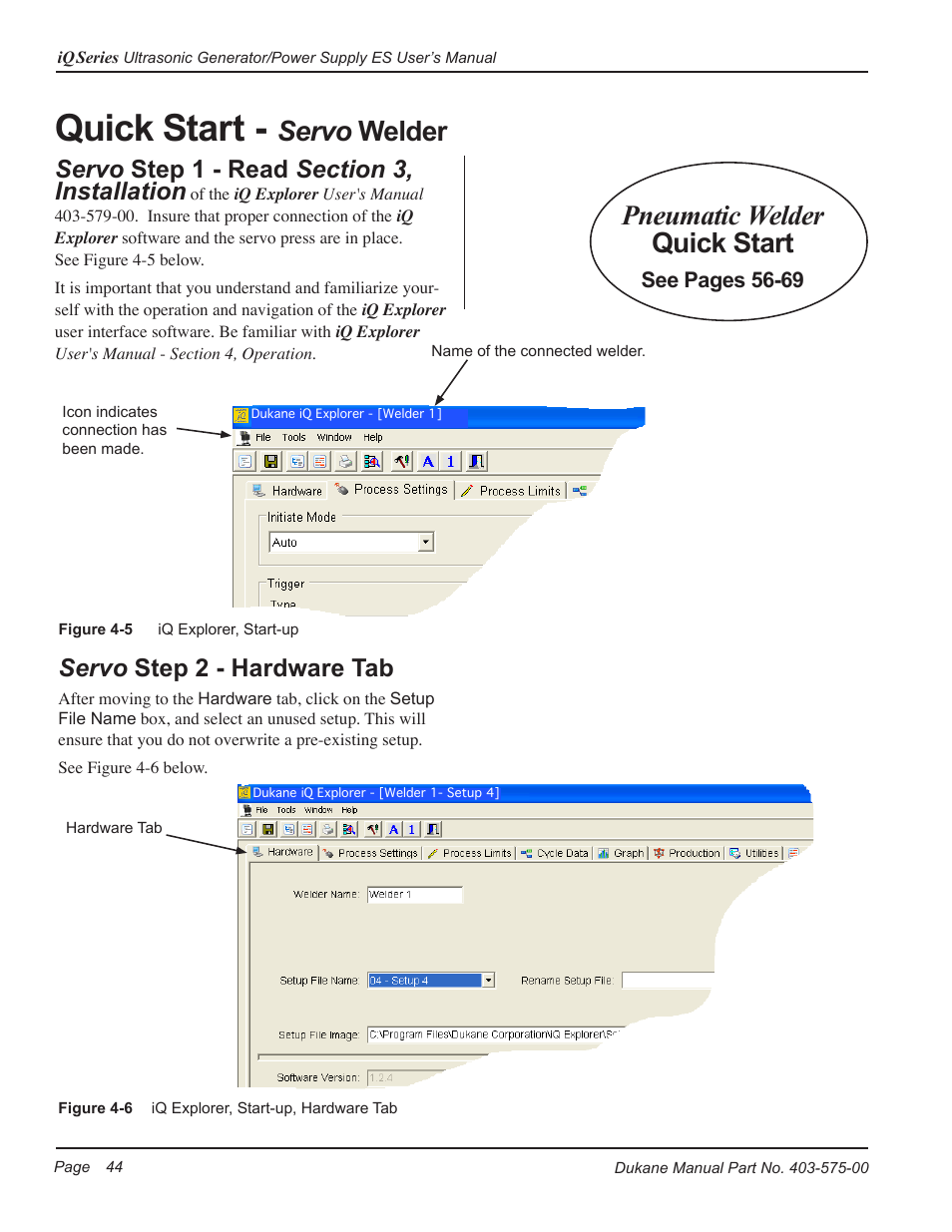 Quick start, Servo welder, Pneumatic welder quick start | Servo step 2 - hardware tab | Dukane Ultrasonic Generator 403-575-00 User Manual | Page 50 / 136