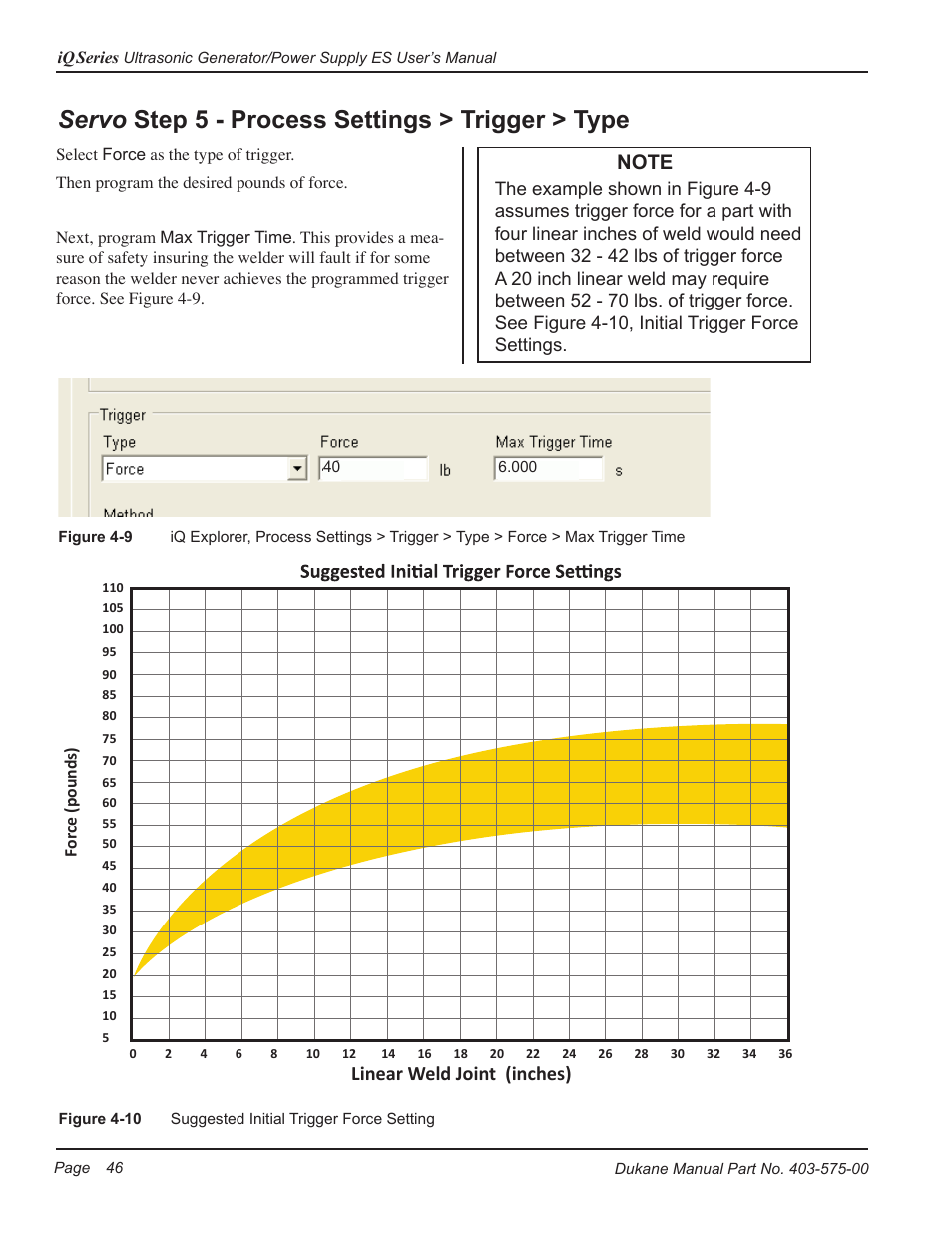 Servo step 5 - process settings > trigger > type | Dukane Ultrasonic Generator 403-575-00 User Manual | Page 52 / 136