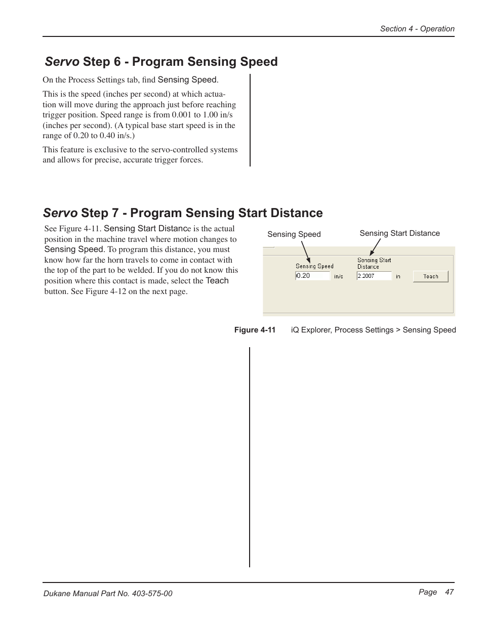 Servo step 6 - program sensing speed, Servo step 7 - program sensing start distance | Dukane Ultrasonic Generator 403-575-00 User Manual | Page 53 / 136