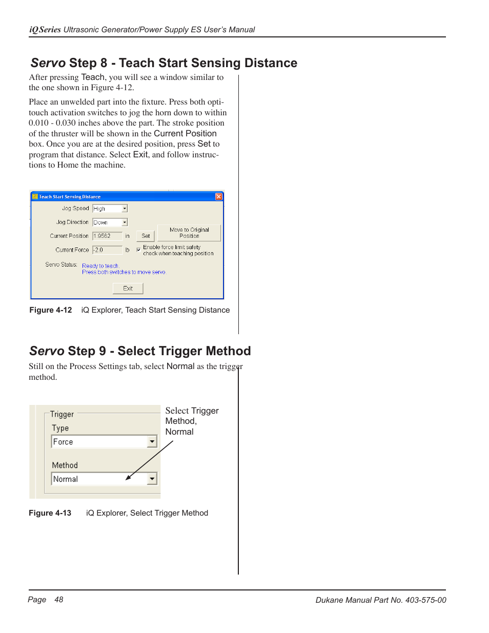 Servo step 9 - select trigger method, Servo step 8 - teach start sensing distance | Dukane Ultrasonic Generator 403-575-00 User Manual | Page 54 / 136