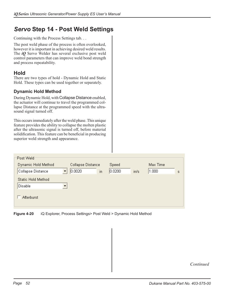 Servo, Step 14 - post weld settings, Hold | Dukane Ultrasonic Generator 403-575-00 User Manual | Page 58 / 136