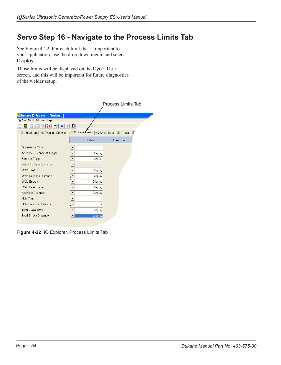 Servo step 16 - navigate to the process limits tab | Dukane Ultrasonic Generator 403-575-00 User Manual | Page 60 / 136