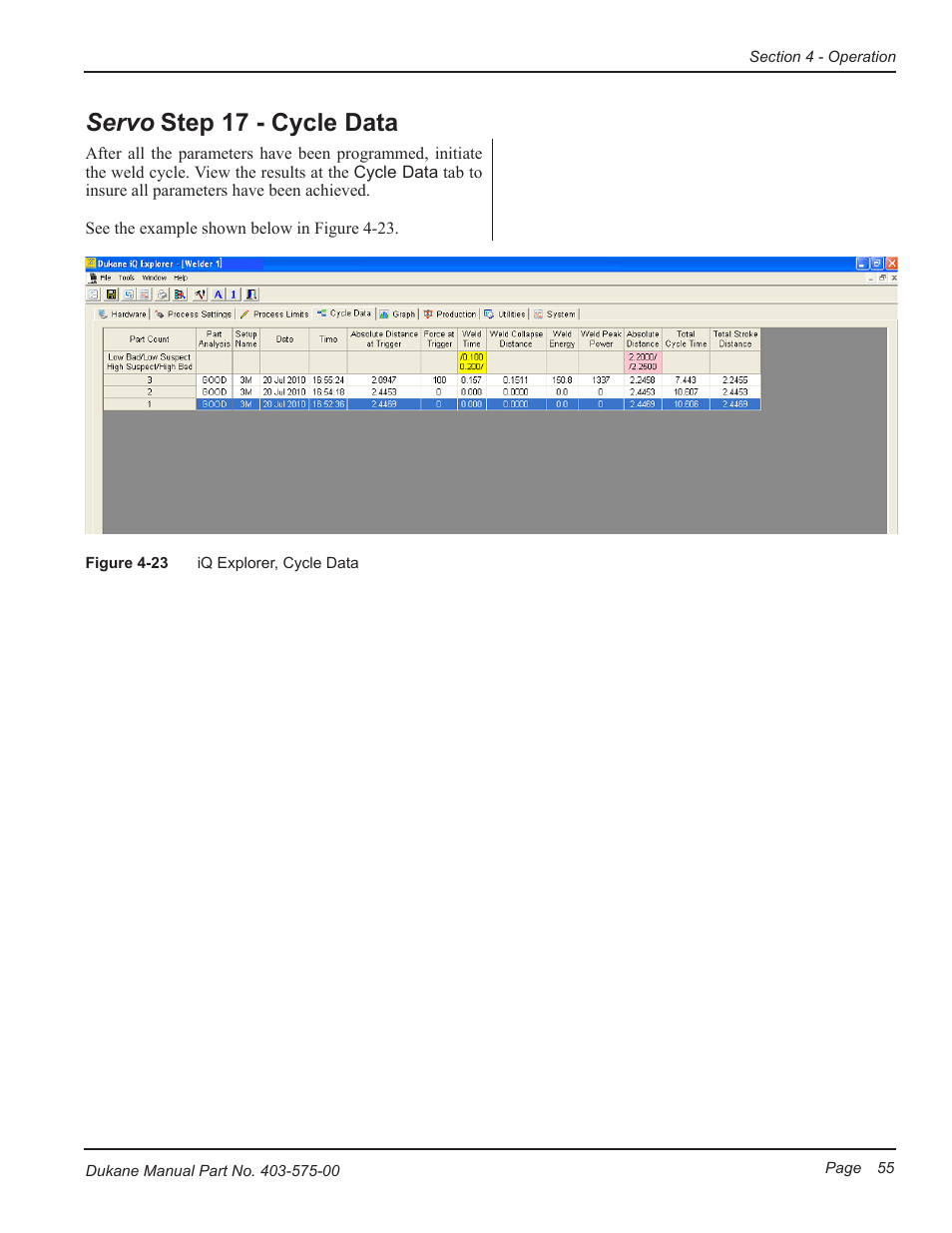 Servo, Step 17 - cycle data | Dukane Ultrasonic Generator 403-575-00 User Manual | Page 61 / 136