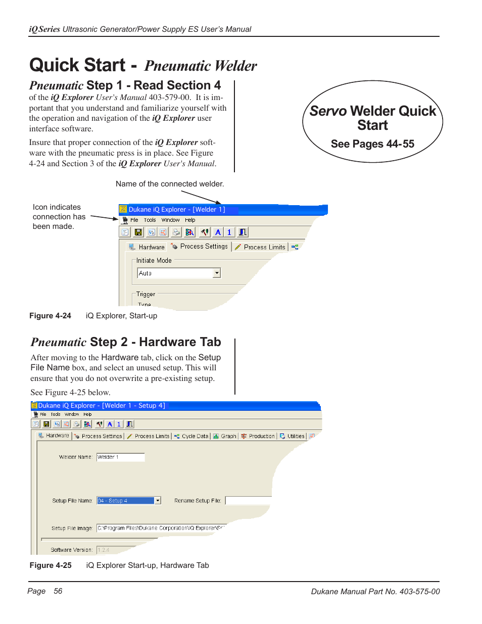 Quick start, Pneumatic welder, Servo welder quick start | Pneumatic step 2 - hardware tab | Dukane Ultrasonic Generator 403-575-00 User Manual | Page 62 / 136