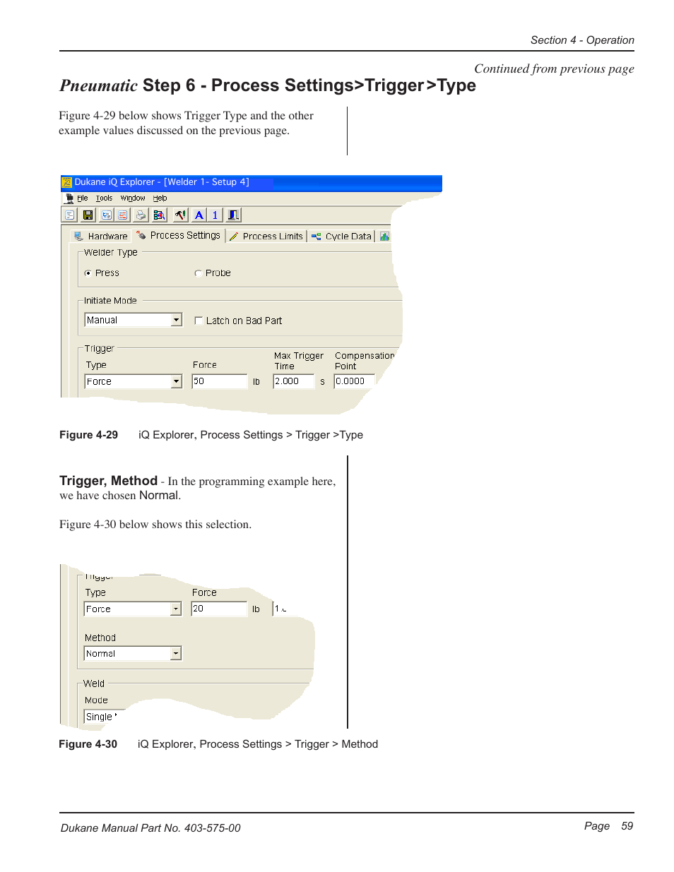 Pneumatic step 6 - process settings>trigger >type | Dukane Ultrasonic Generator 403-575-00 User Manual | Page 65 / 136