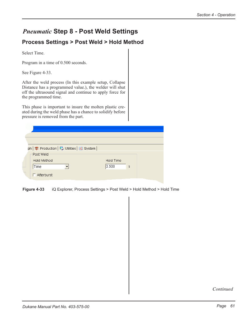 Pneumatic step 8 - post weld settings, Process settings > post weld > hold method | Dukane Ultrasonic Generator 403-575-00 User Manual | Page 67 / 136