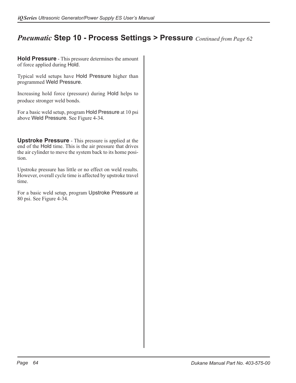 Pneumatic step 10 - process settings > pressure | Dukane Ultrasonic Generator 403-575-00 User Manual | Page 70 / 136