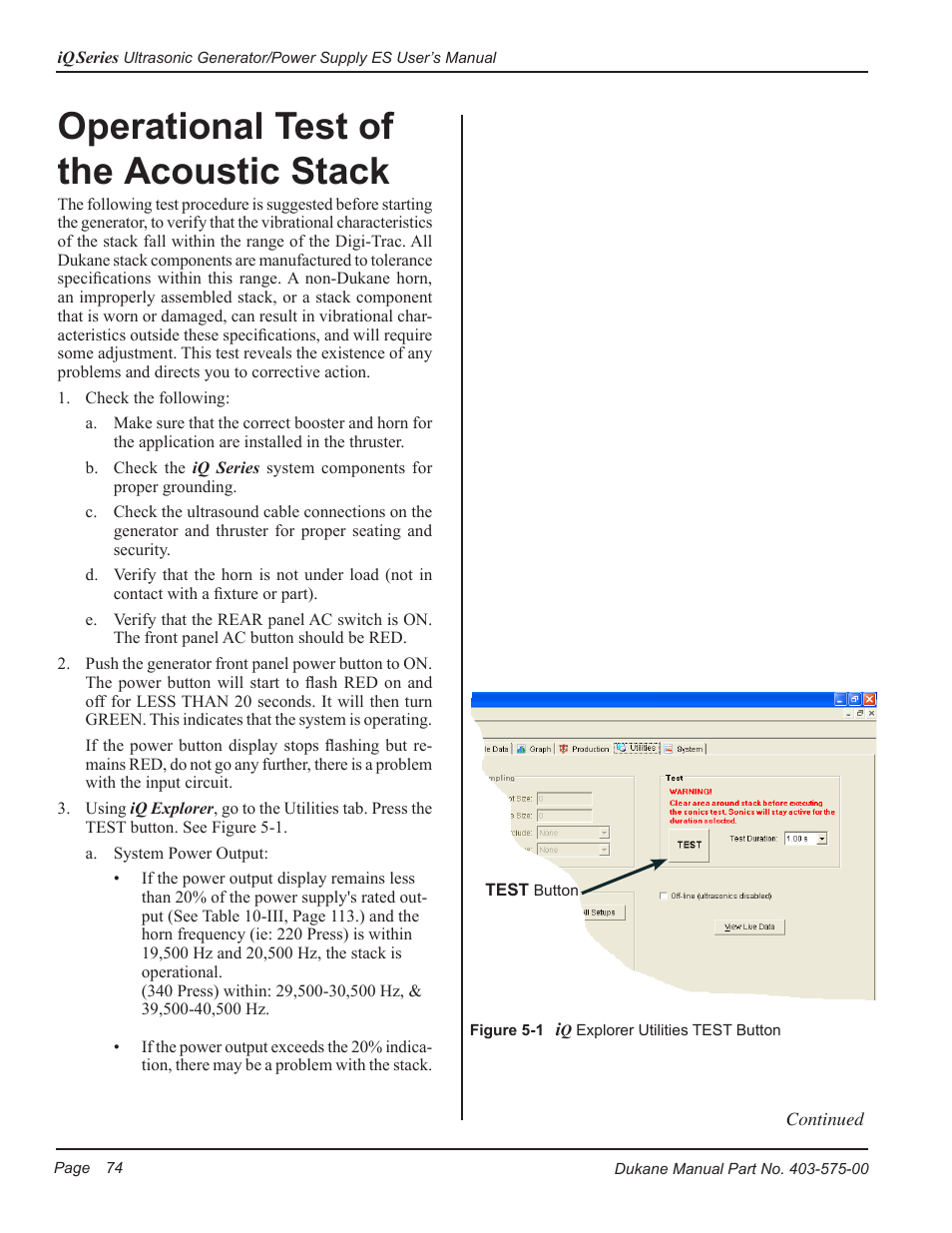 Operational test of the acoustic stack | Dukane Ultrasonic Generator 403-575-00 User Manual | Page 80 / 136