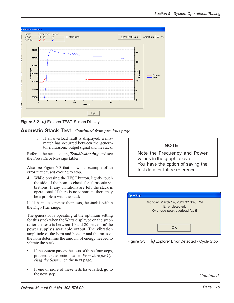 Acoustic stack test | Dukane Ultrasonic Generator 403-575-00 User Manual | Page 81 / 136