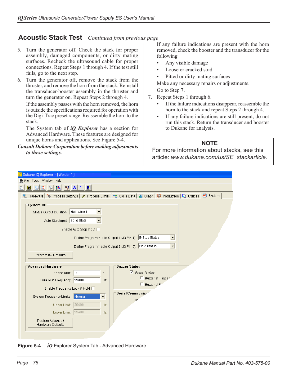 Acoustic stack test | Dukane Ultrasonic Generator 403-575-00 User Manual | Page 82 / 136