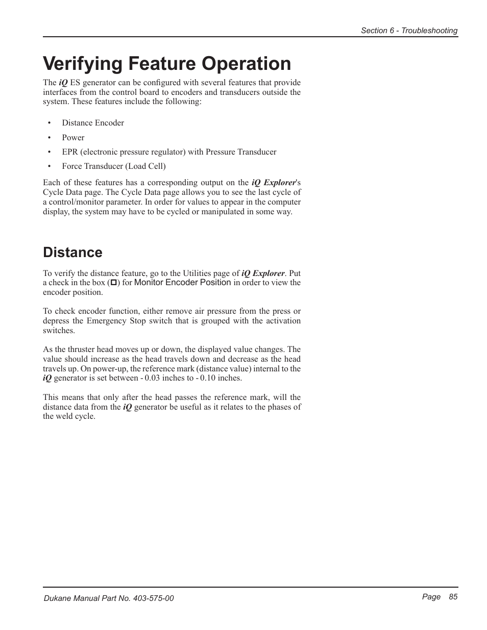 Verifying feature operation, Distance | Dukane Ultrasonic Generator 403-575-00 User Manual | Page 91 / 136
