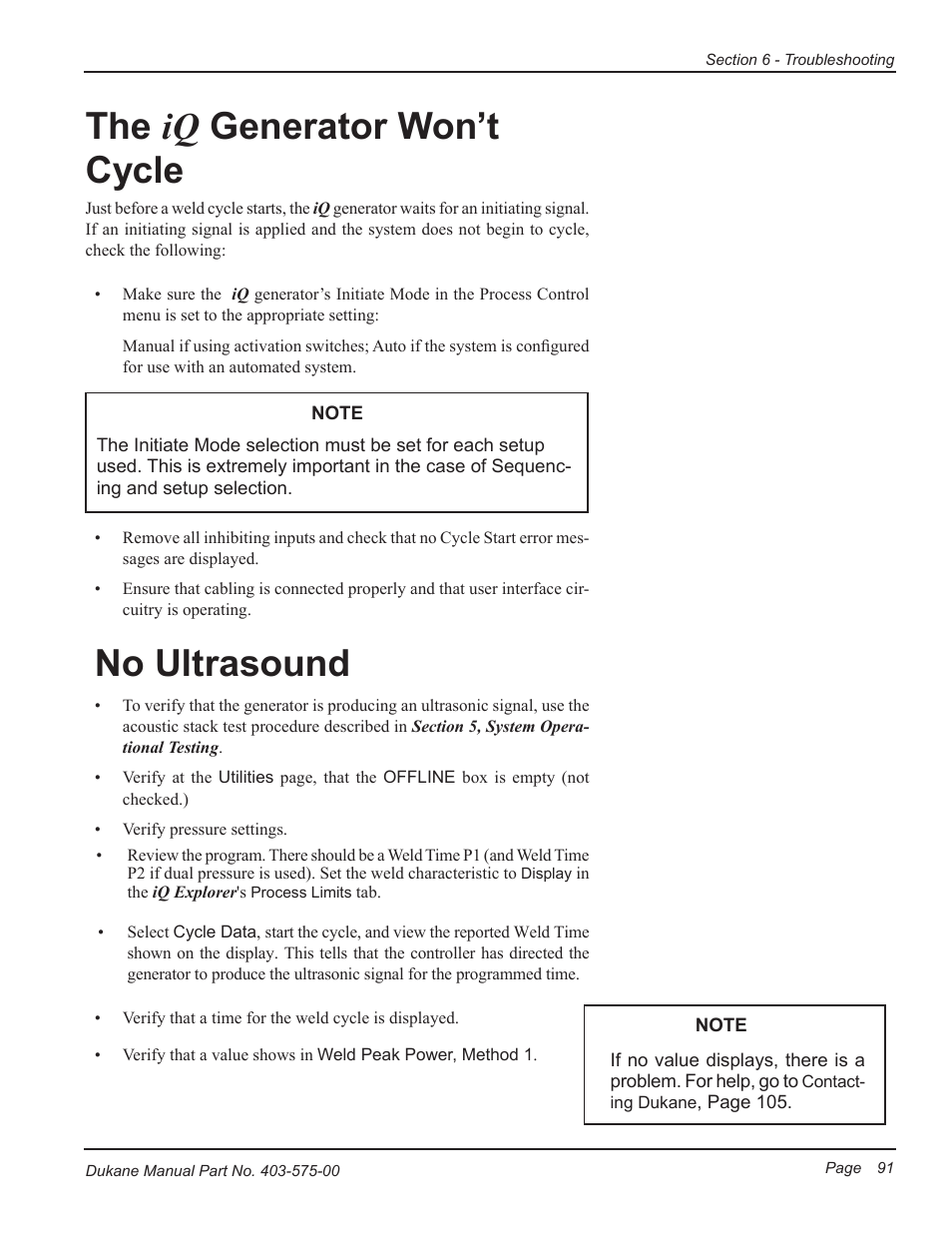 The iq generator won’t cycle, No ultrasound | Dukane Ultrasonic Generator 403-575-00 User Manual | Page 97 / 136