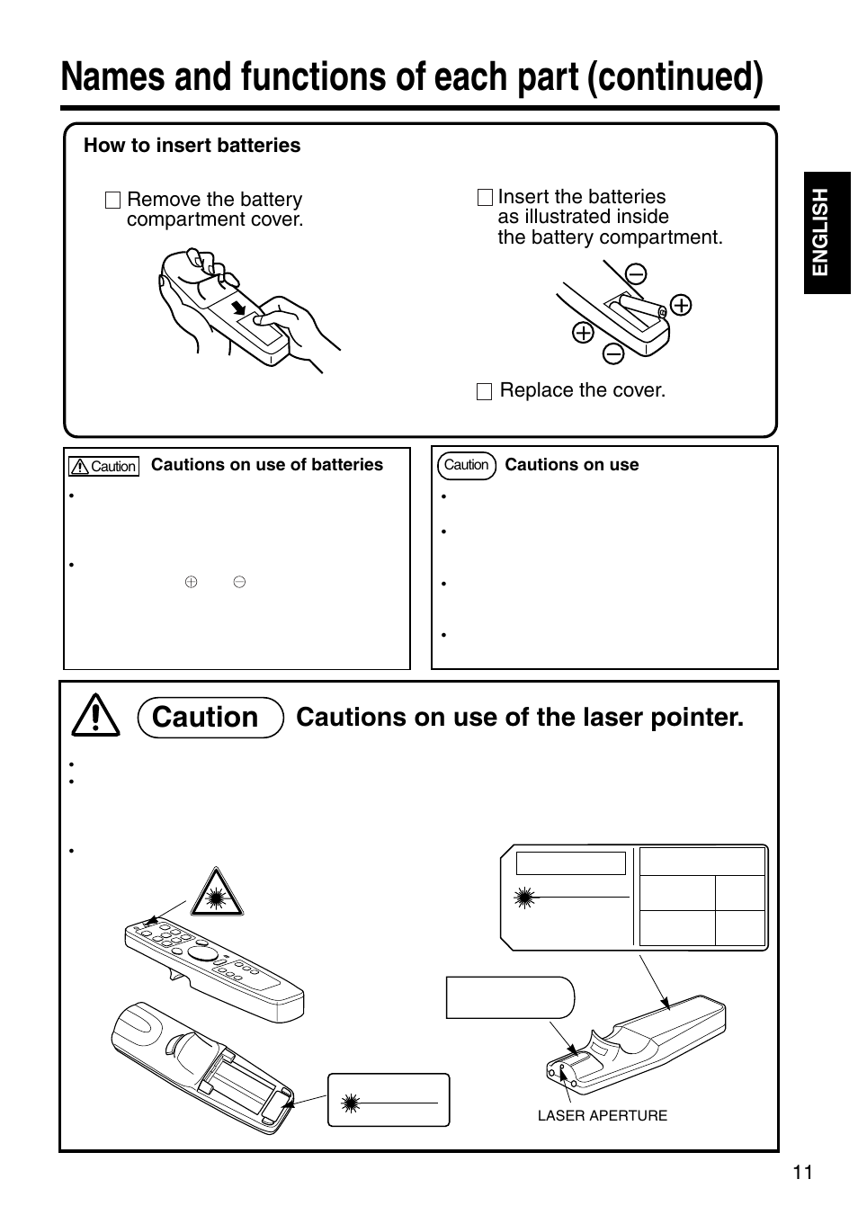 Names and functions of each part (continued), Cautions on use of the laser pointer, 11 english | How to insert batteries, Remove the battery compartment cover, Caution | Dukane 28A8035 User Manual | Page 11 / 36