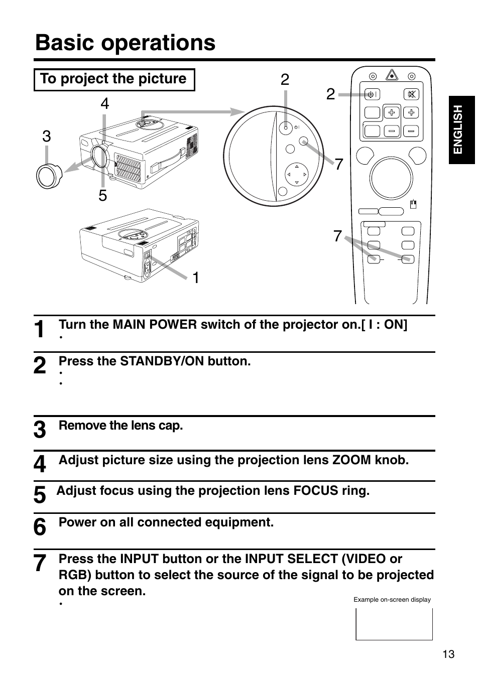 Basic operations, Power on all connected equipment, Press the standby/on button | Adjust focus using the projection lens focus ring, Remove the lens cap | Dukane 28A8035 User Manual | Page 13 / 36