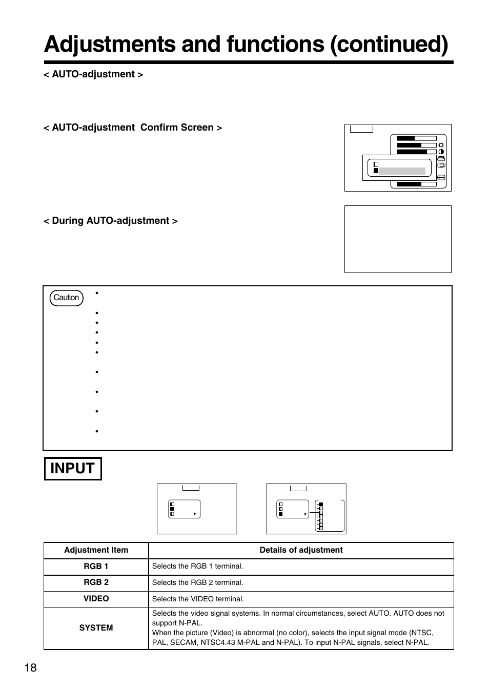 Adjustments and functions (continued), Input, Auto-adjustment | Auto-adjustment confirm screen, During auto-adjustment | Dukane 28A8035 User Manual | Page 18 / 36