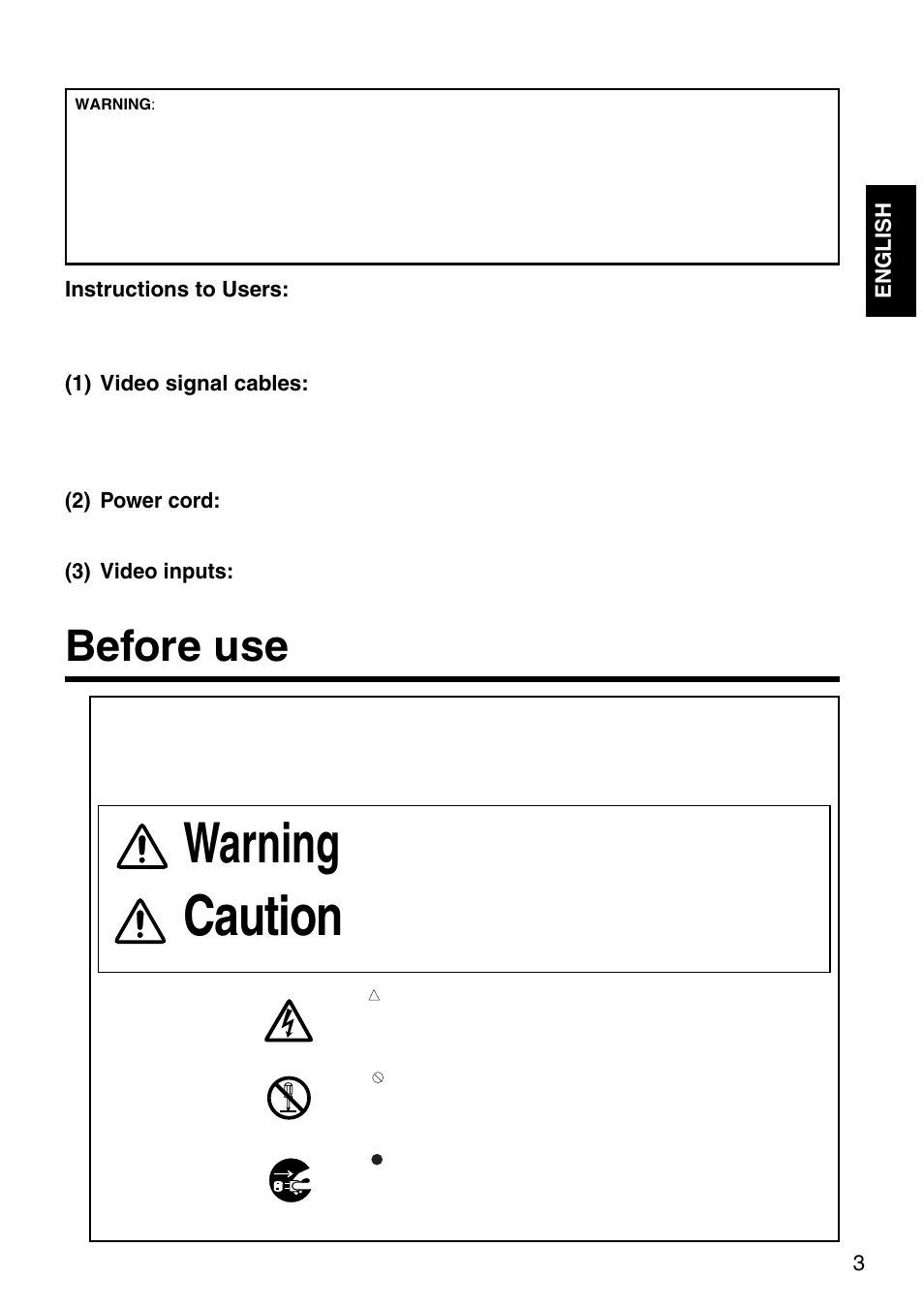 Warning caution, Before use, 3english | Instructions to users, 1) video signal cables, 2) power cord, 3) video inputs | Dukane 28A8035 User Manual | Page 3 / 36