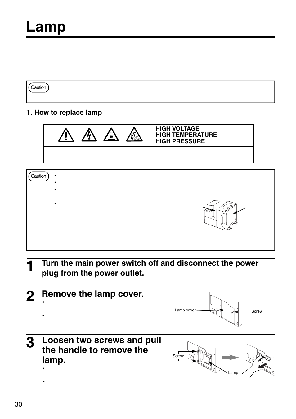 Lamp, Remove the lamp cover | Dukane 28A8035 User Manual | Page 30 / 36