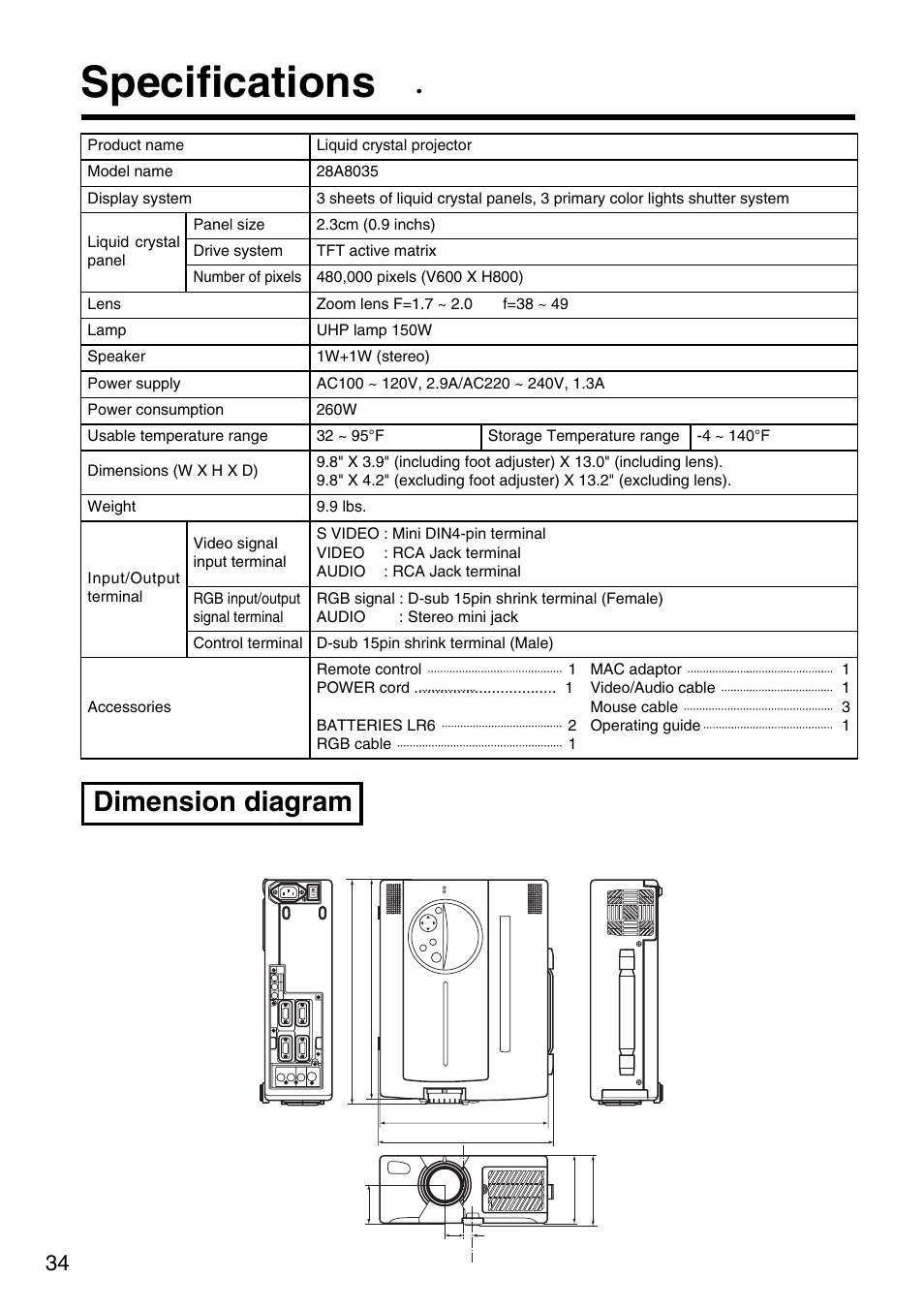 Specifications, Dimension diagram | Dukane 28A8035 User Manual | Page 34 / 36