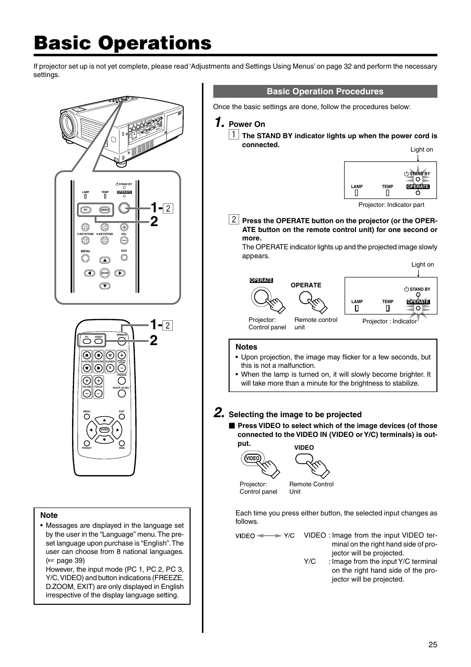 Basic operations, Basic operation procedures, Power on | Selecting the image to be projected | Dukane 28A9017 User Manual | Page 25 / 58