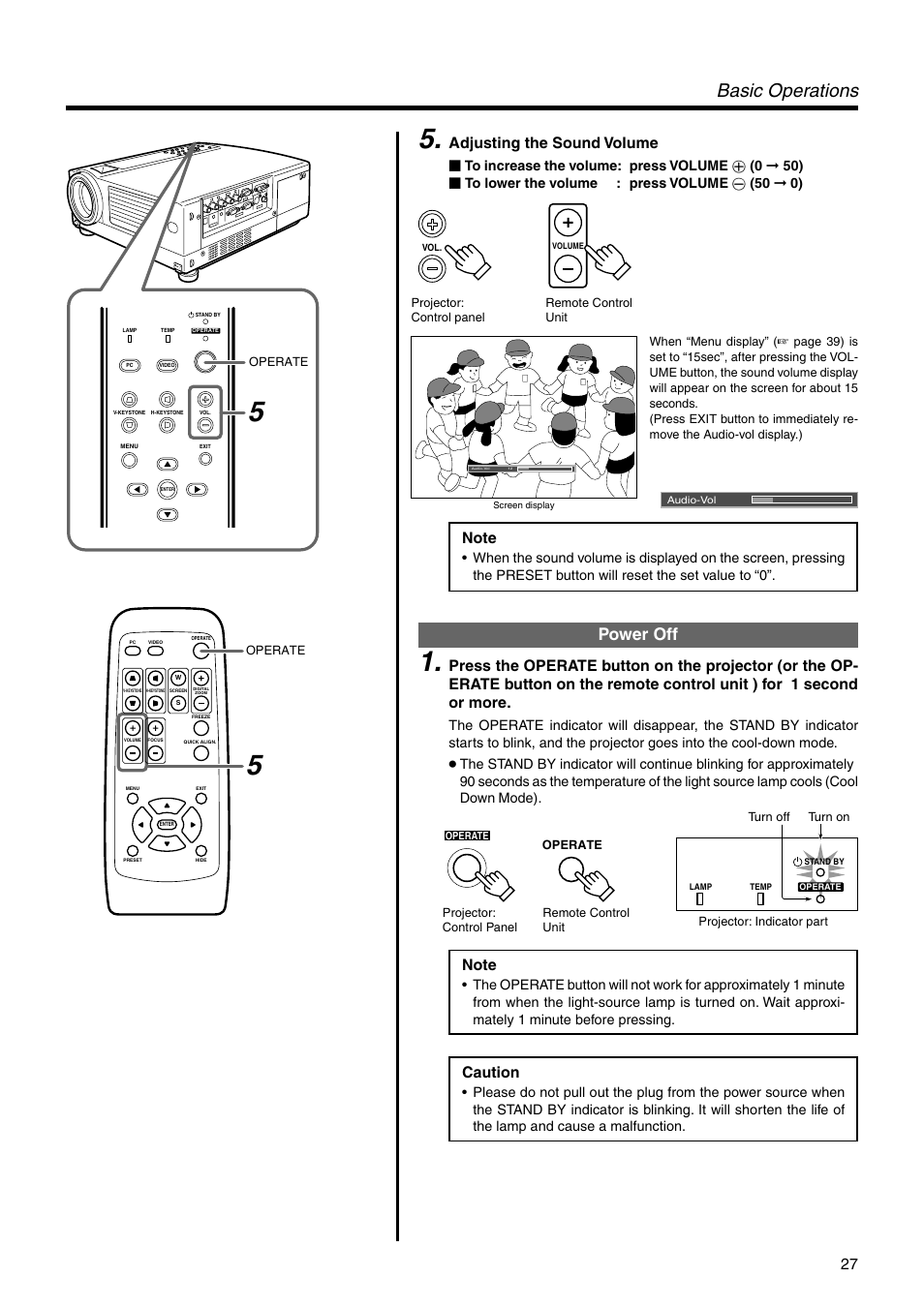 Power off, Basic operations, Adjusting the sound volume | Caution, 0 ➞ 50) Ⅵ to lower the volume : press volume | Dukane 28A9017 User Manual | Page 27 / 58
