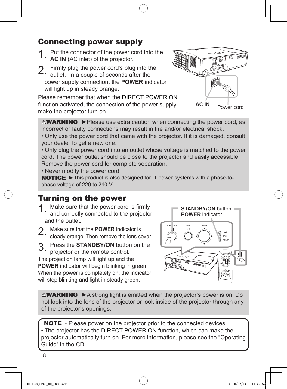 Connecting power supply, Turning on the power | Dukane LCD Data Video Projector 8789H User Manual | Page 10 / 20