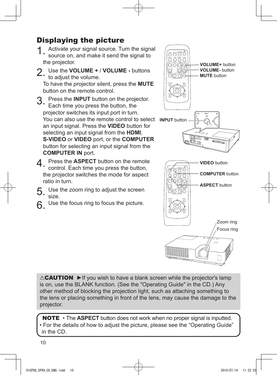 Displaying the picture, Use the zoom ring to adjust the screen size, Use the focus ring to focus the picture | Dukane LCD Data Video Projector 8789H User Manual | Page 12 / 20