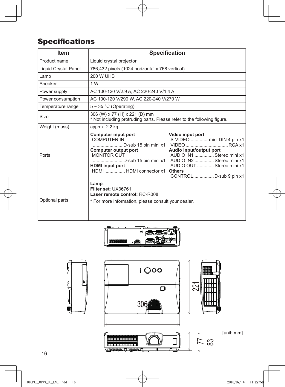 Specifications | Dukane LCD Data Video Projector 8789H User Manual | Page 18 / 20