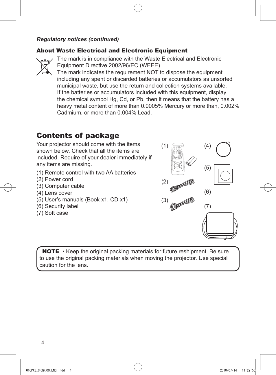 Contents of package | Dukane LCD Data Video Projector 8789H User Manual | Page 6 / 20