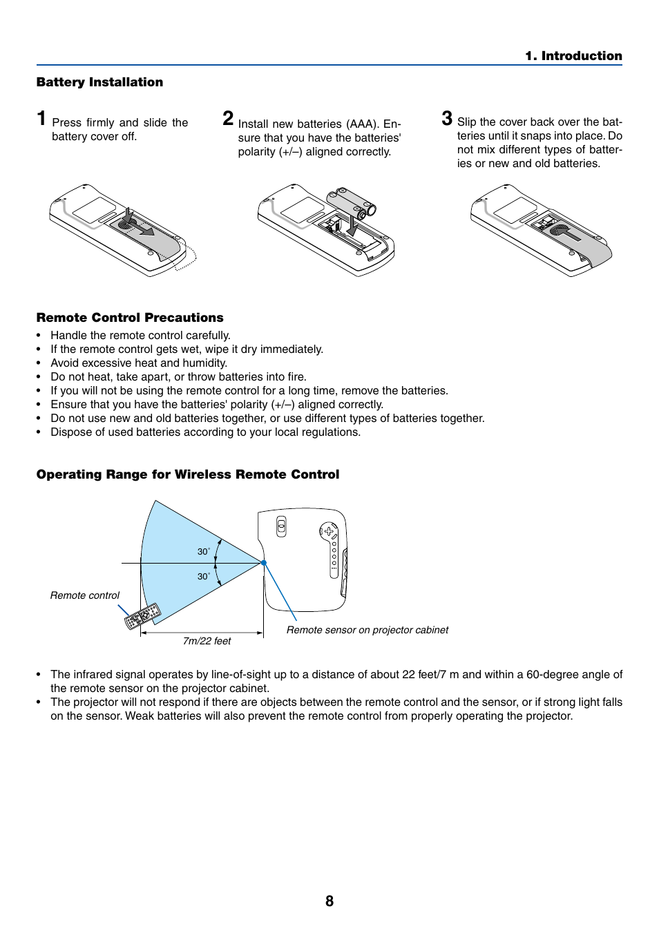Battery installation, Remote control precautions, Operating range for wireless remote control | Dukane 8762 User Manual | Page 16 / 70
