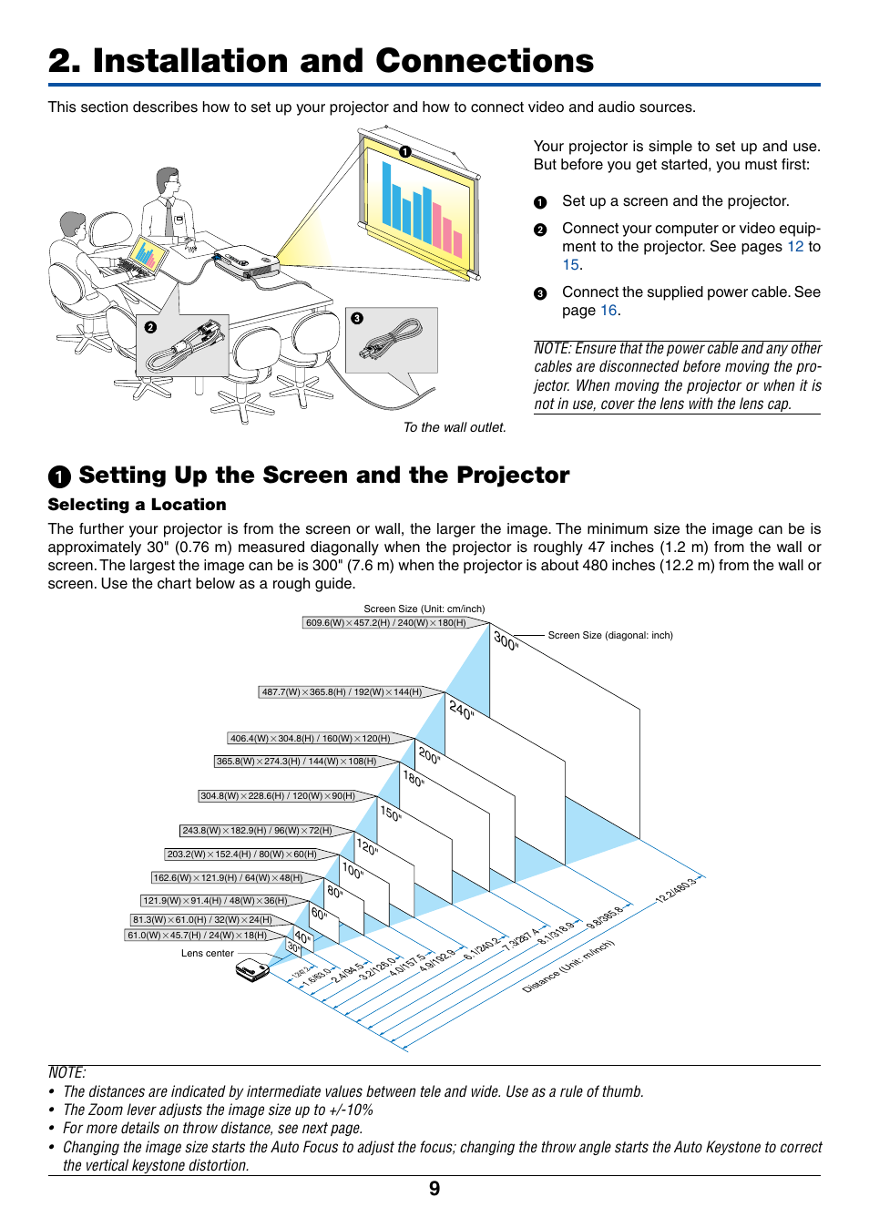 Installation and connections, 1) setting up the screen and the projector, Selecting a location | ᕡ setting up the screen and the projector | Dukane 8762 User Manual | Page 17 / 70