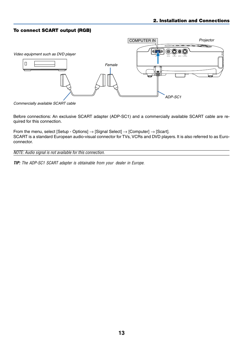 To connect scart output (rgb), Installation and connections | Dukane 8762 User Manual | Page 21 / 70