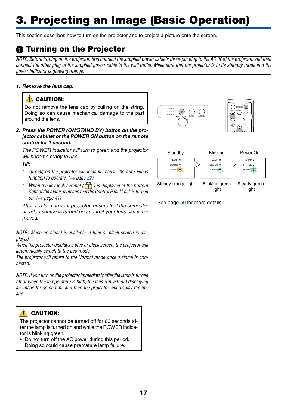 Projecting an image (basic operation), 1) turning on the projector, ᕡ turning on the projector | Caution | Dukane 8762 User Manual | Page 25 / 70