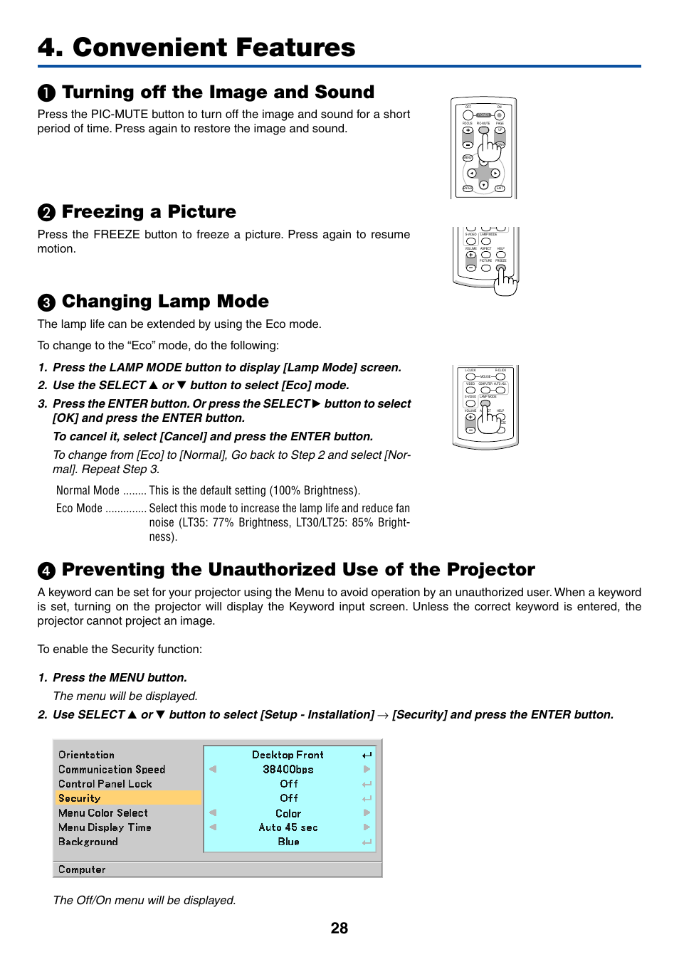Convenient features, 1) turning off the image and sound, 2) freezing a picture | 3) changing lamp mode, Turning off the image and sound, Freezing a picture, ᕣ changing lamp mode, ᕤ preventing the unauthorized use of the projector, Button to select [setup - installation | Dukane 8762 User Manual | Page 36 / 70