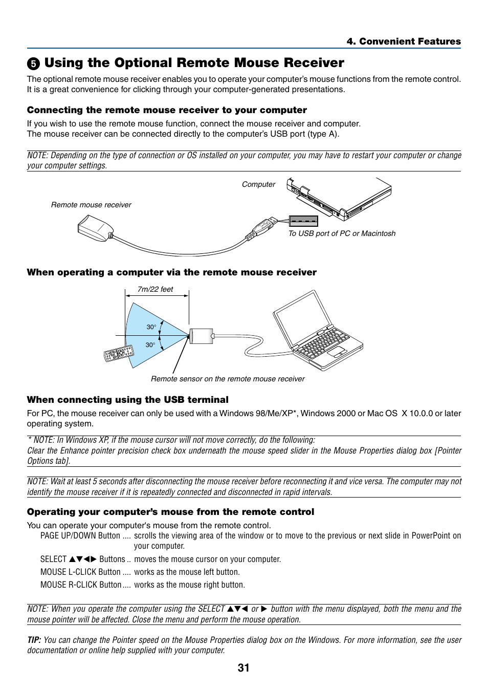5) using the optional remote mouse receiver, When connecting using the usb terminal, ᕥ using the optional remote mouse receiver | Dukane 8762 User Manual | Page 39 / 70